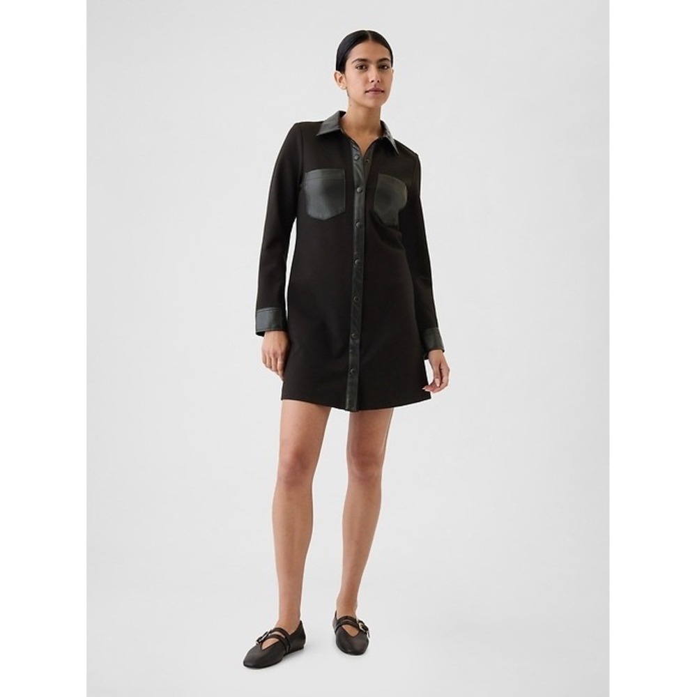 Gap Womens Black Vegan Leather Trim Shift Mini Dress Long Sleeve XS